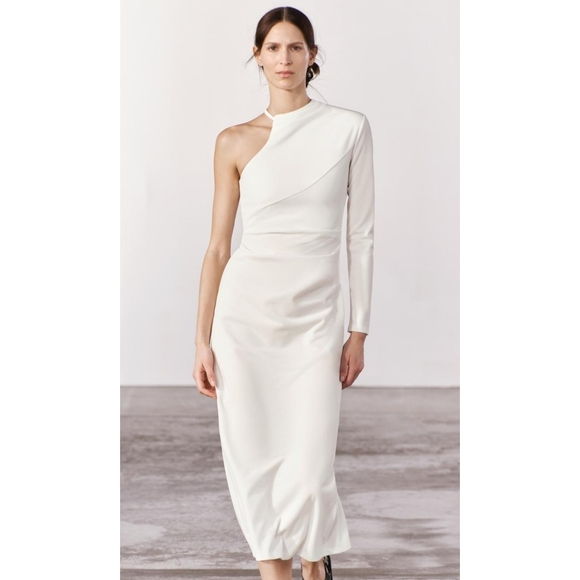 Zara Midi Asymmetrical Dress Ecru New - Picture 4 of 9